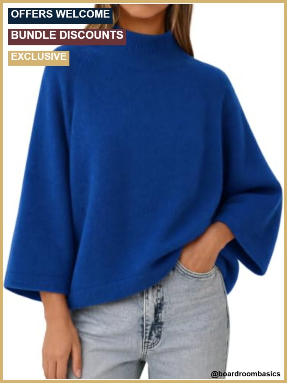 Womens Oversized Mock Neck 3/4 Bell Sleeve Knit Pullover Sweater Cropped